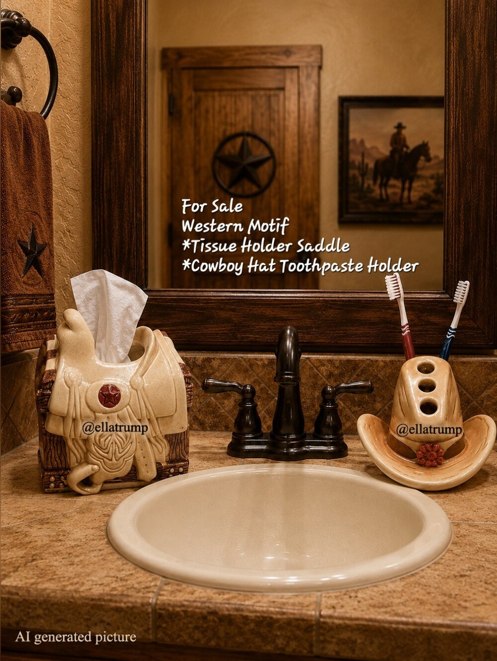 Vintage Cowboy Hat Brush Holder & Saddle Tissue Box Holder Western Bathroom Set